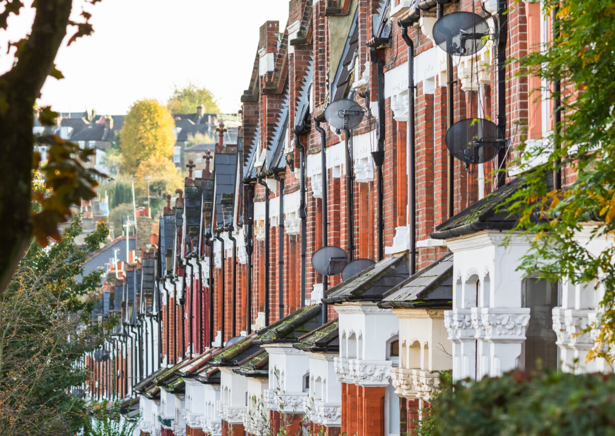 Row of traditional English terraced houses in Crouch End of London